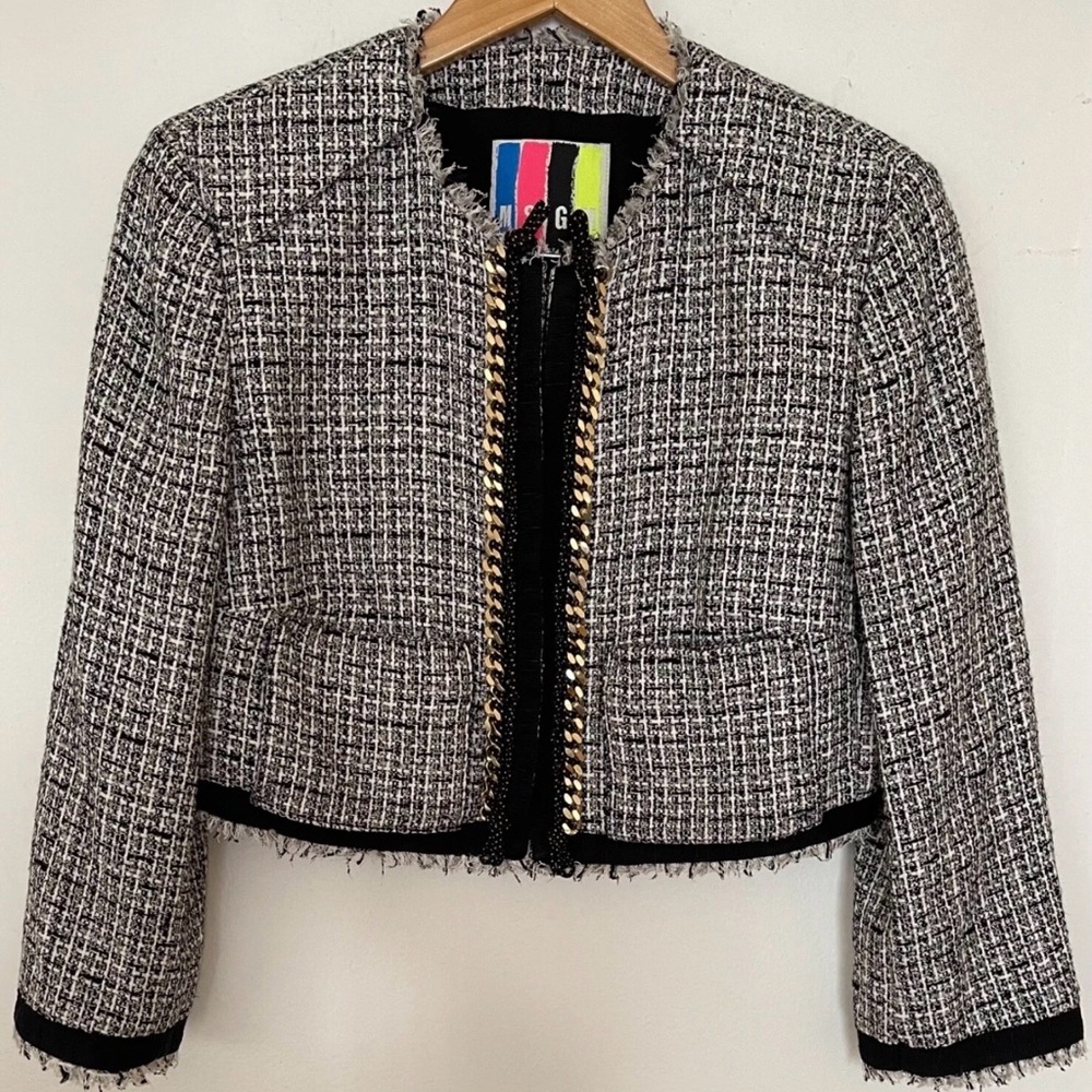 MSGM Italy Runway Gold Chain Tweed Cropped Dress Jacket Linen Blend NEW